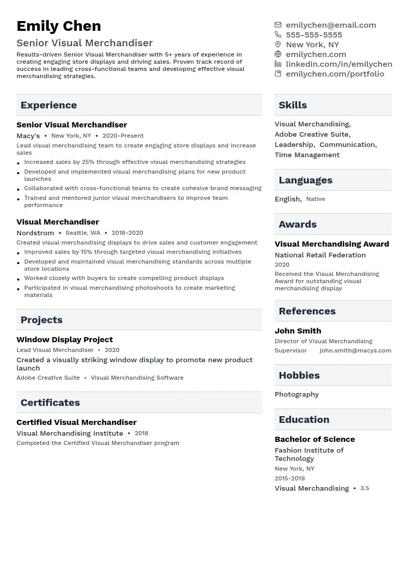 Senior Visual Merchandiser resume example