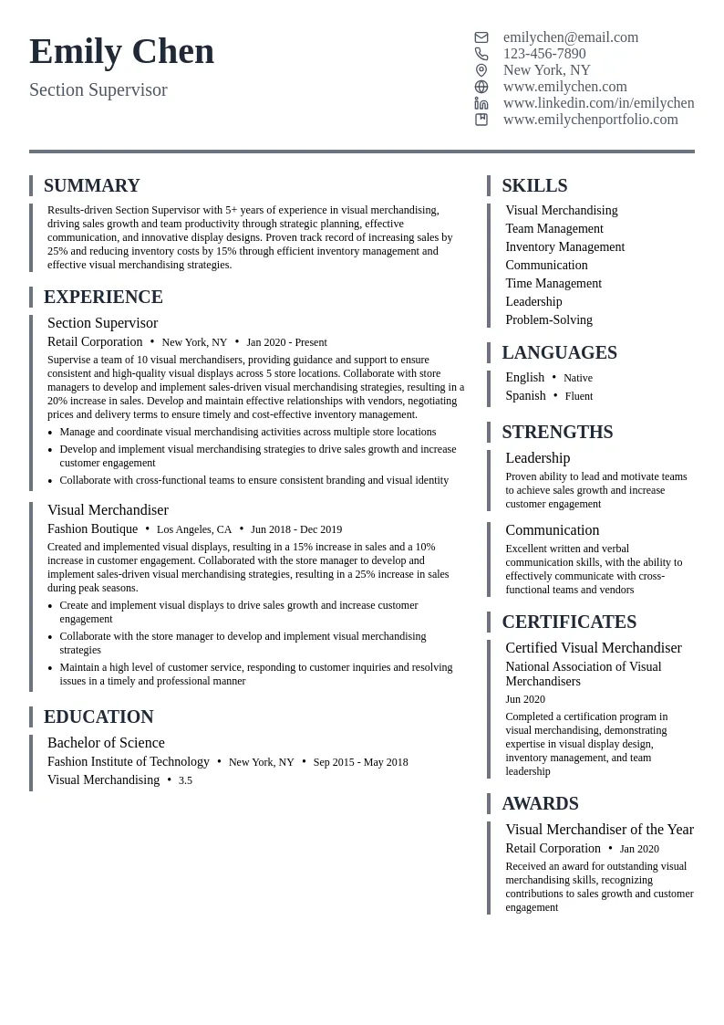 Section Supervisor resume example
