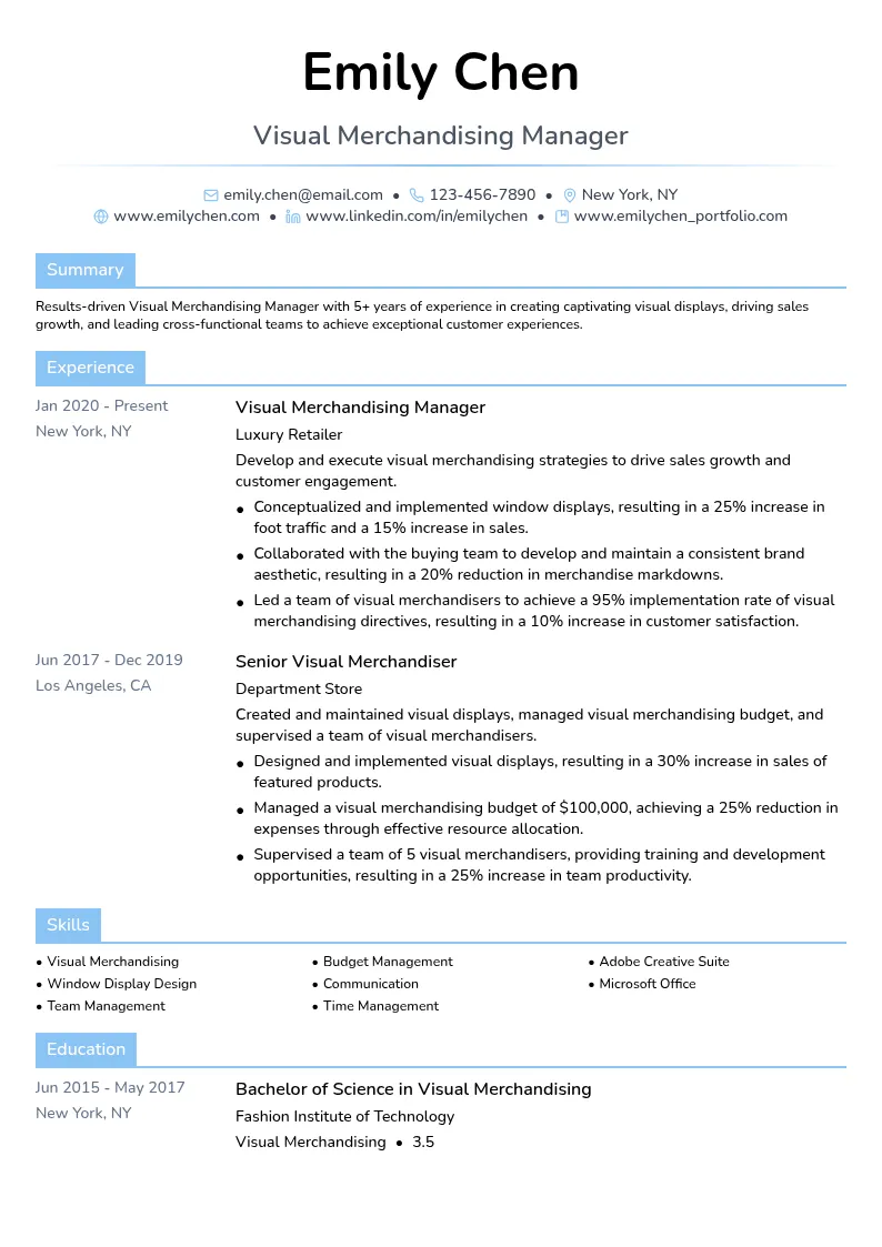 Visual Merchandising Manager resume example