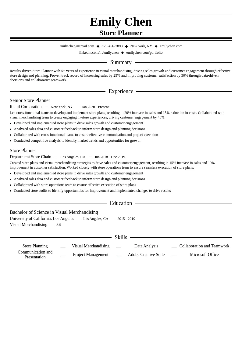 Store Planner resume example