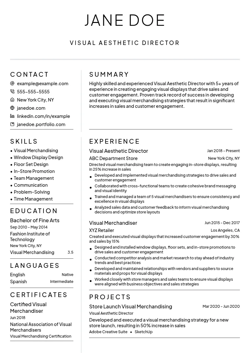 Visual Aesthetic Director resume example