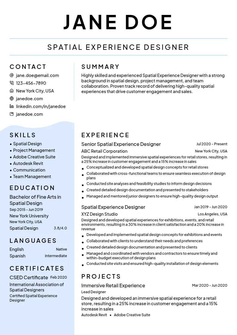 Spatial Experience Designer resume example