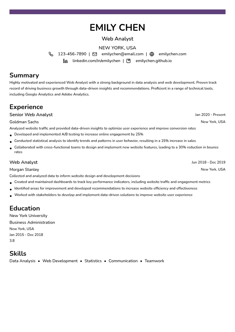 Web Analyst - Financial Industry resume example