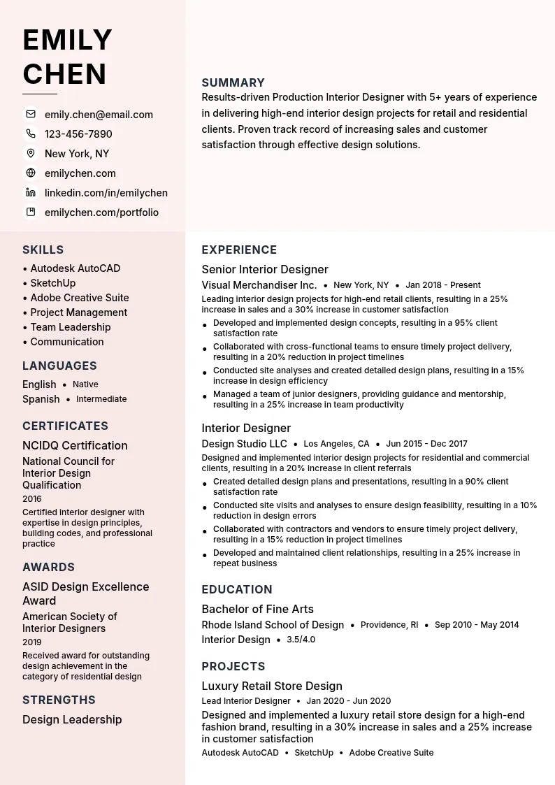 Production Interior Designer resume example