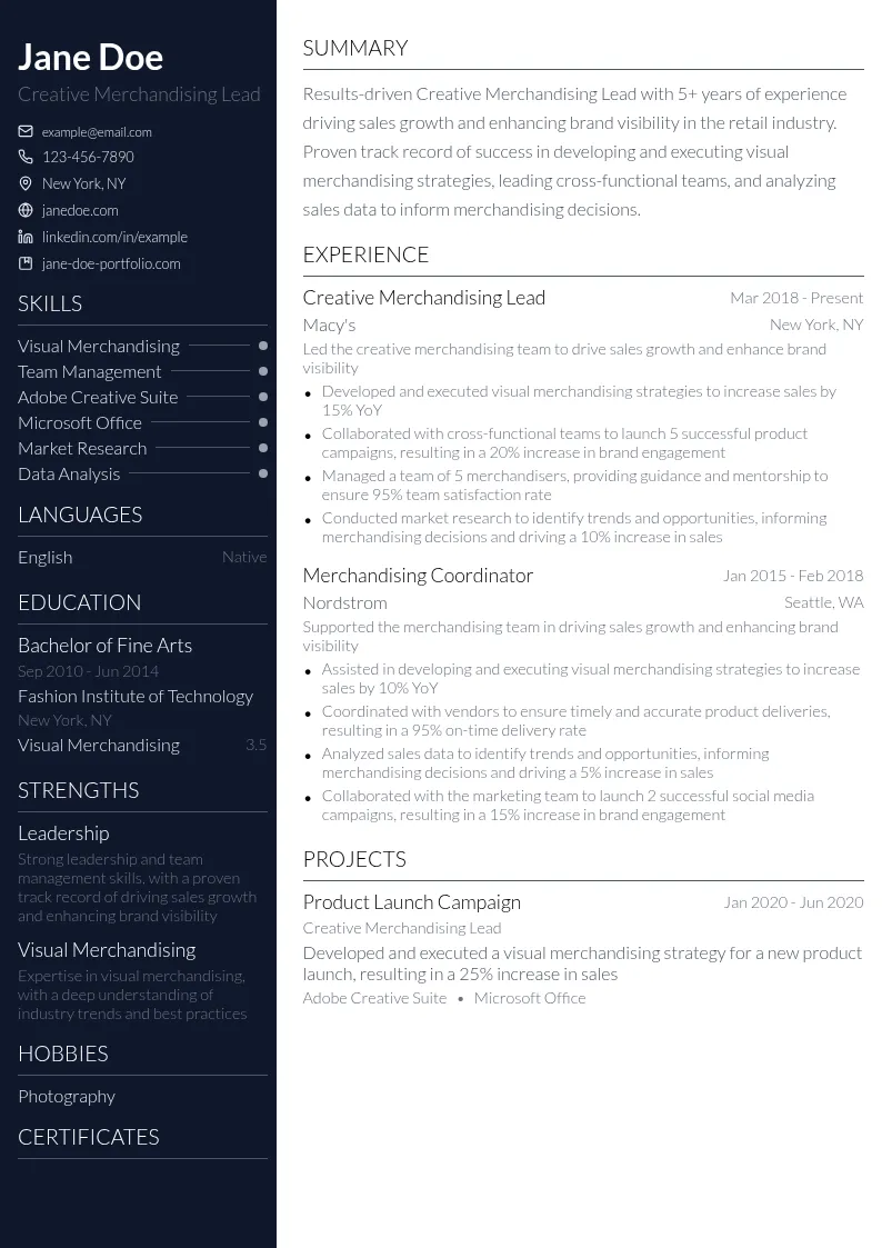 Creative Merchandising Lead resume example