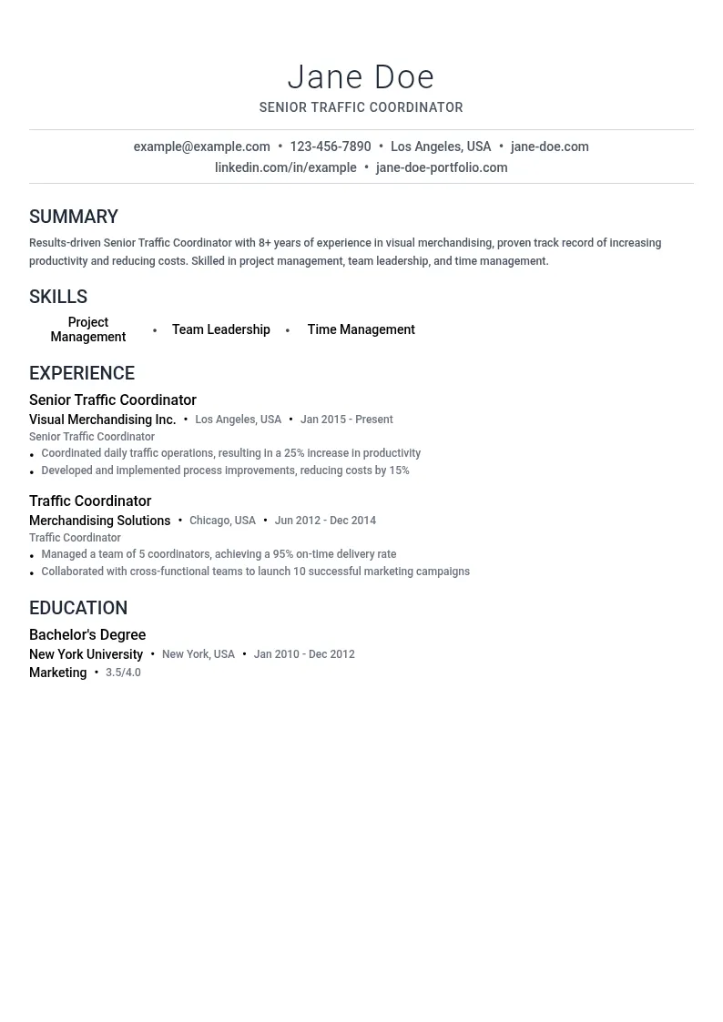 Senior Traffic Coordinator resume example