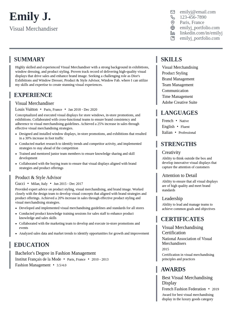Dior's Exhibitions and window dresser, Product & Style Advisor, Window Fab. resume example