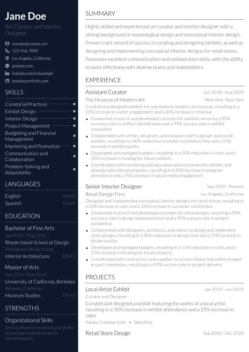 Art curator. Museological Designer. Conceptual Interior of Store etc resume example