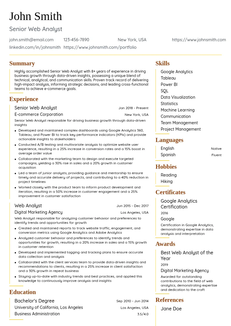 Senior Web Analyst - E-commerce resume example