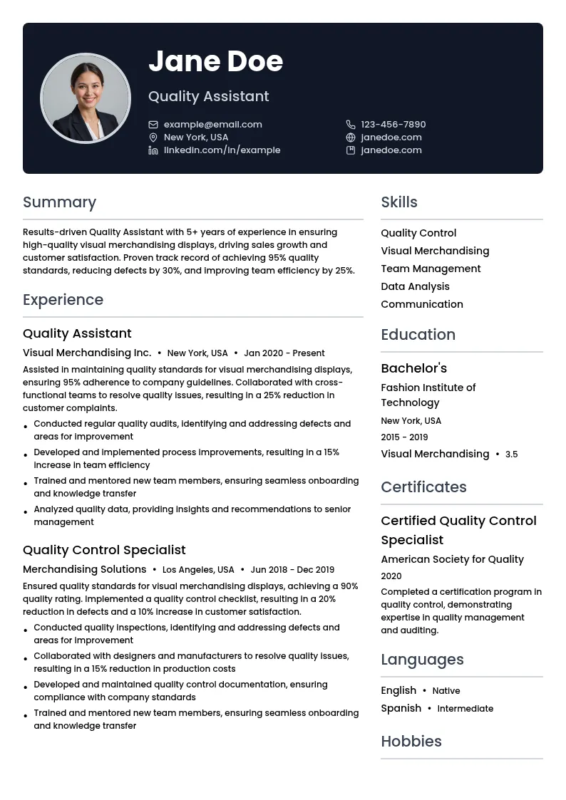 Quality Assistant resume example