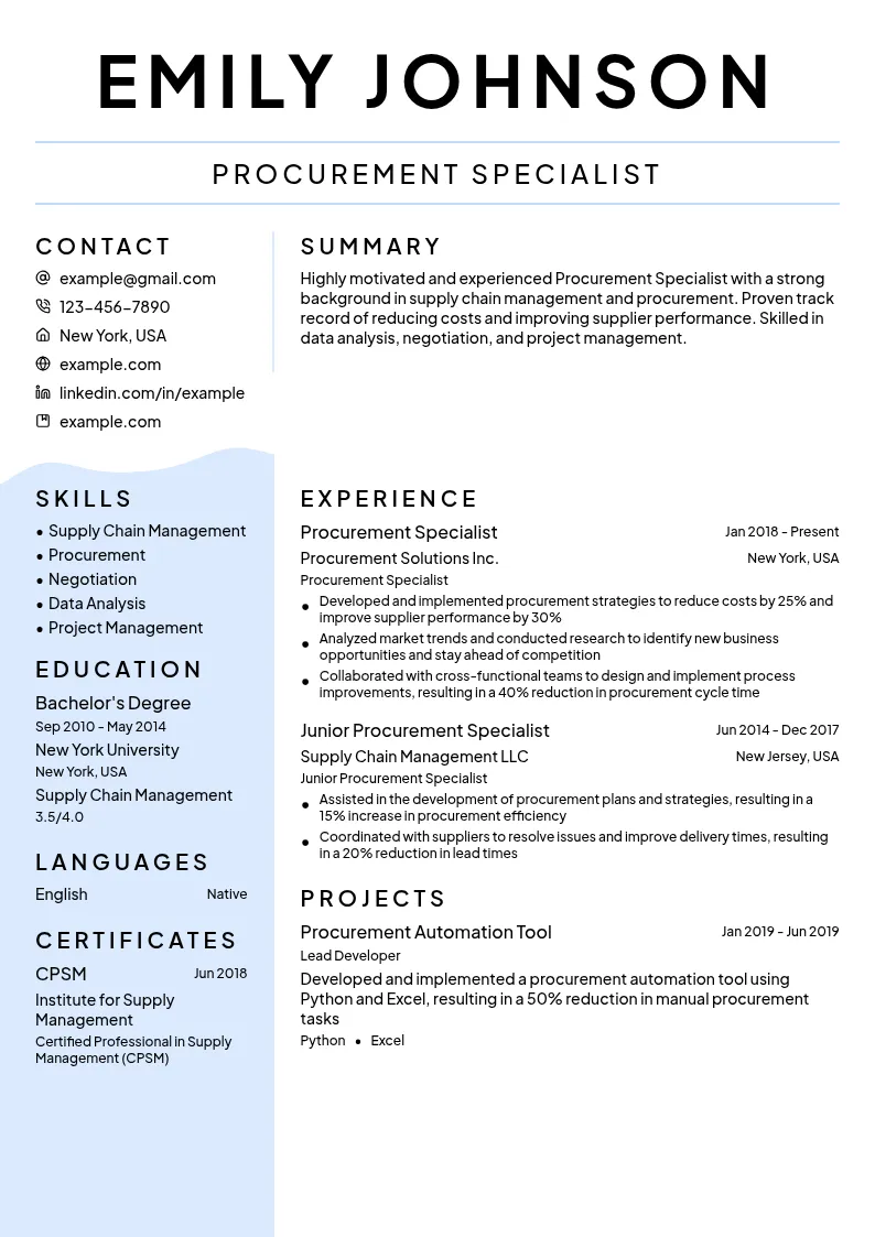 Procurement Specialist resume example