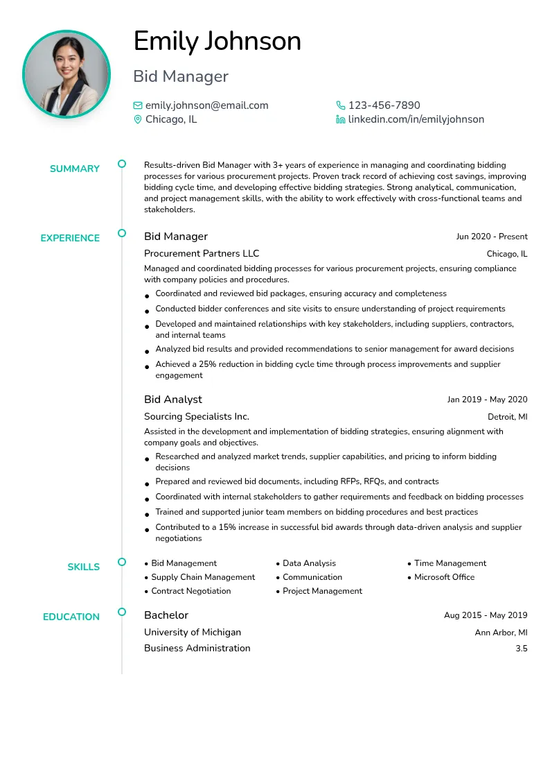 Bid Manager resume example