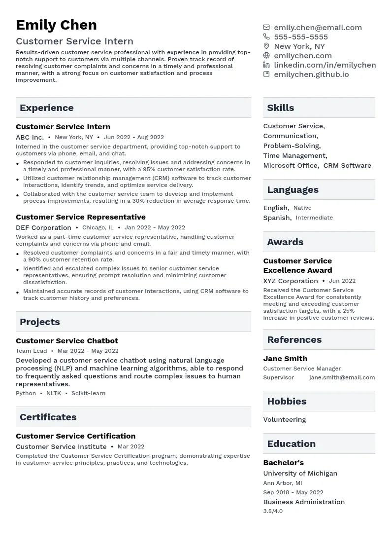 Customer Service Intern resume example