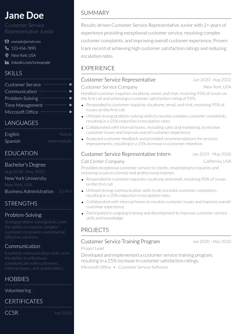Customer Service Representative Junior resume example