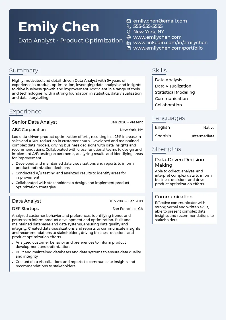 Data Analyst - Product Optimization resume example