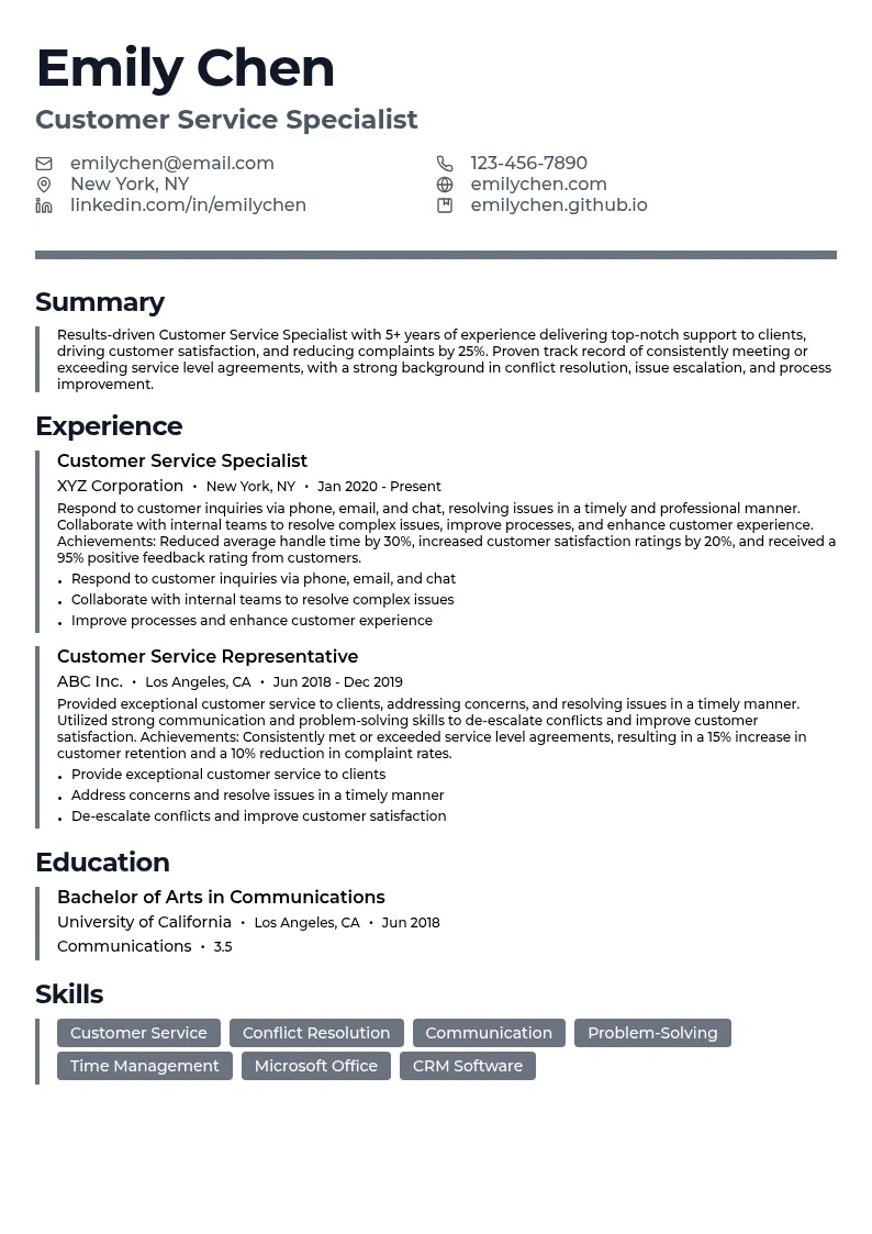Customer Service Specialist resume example