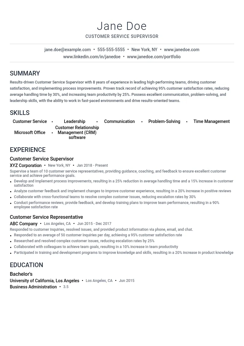 Customer Service Supervisor resume example