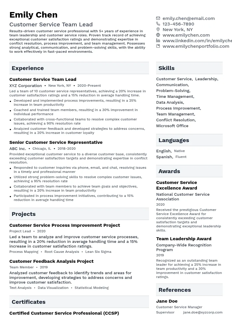 Customer Service Team Lead resume example