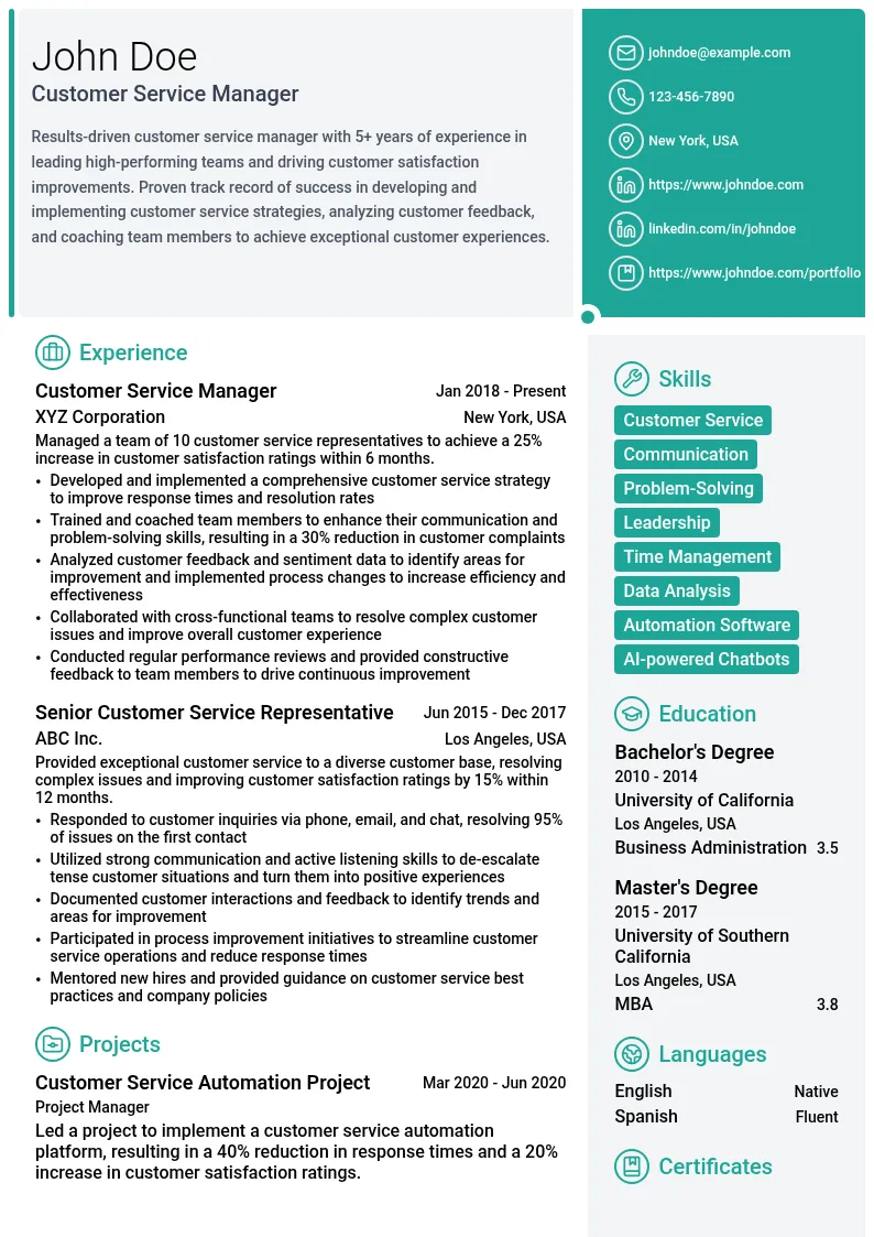 Customer Service Manager resume example