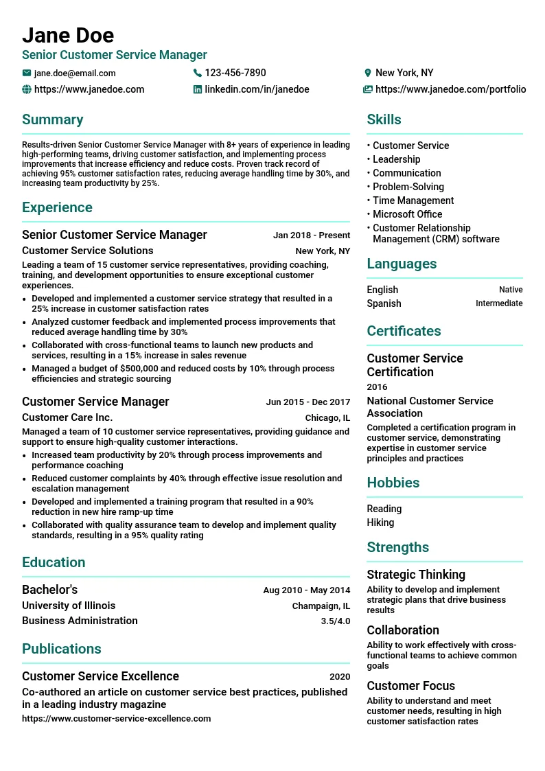 Senior Customer Service Manager resume example