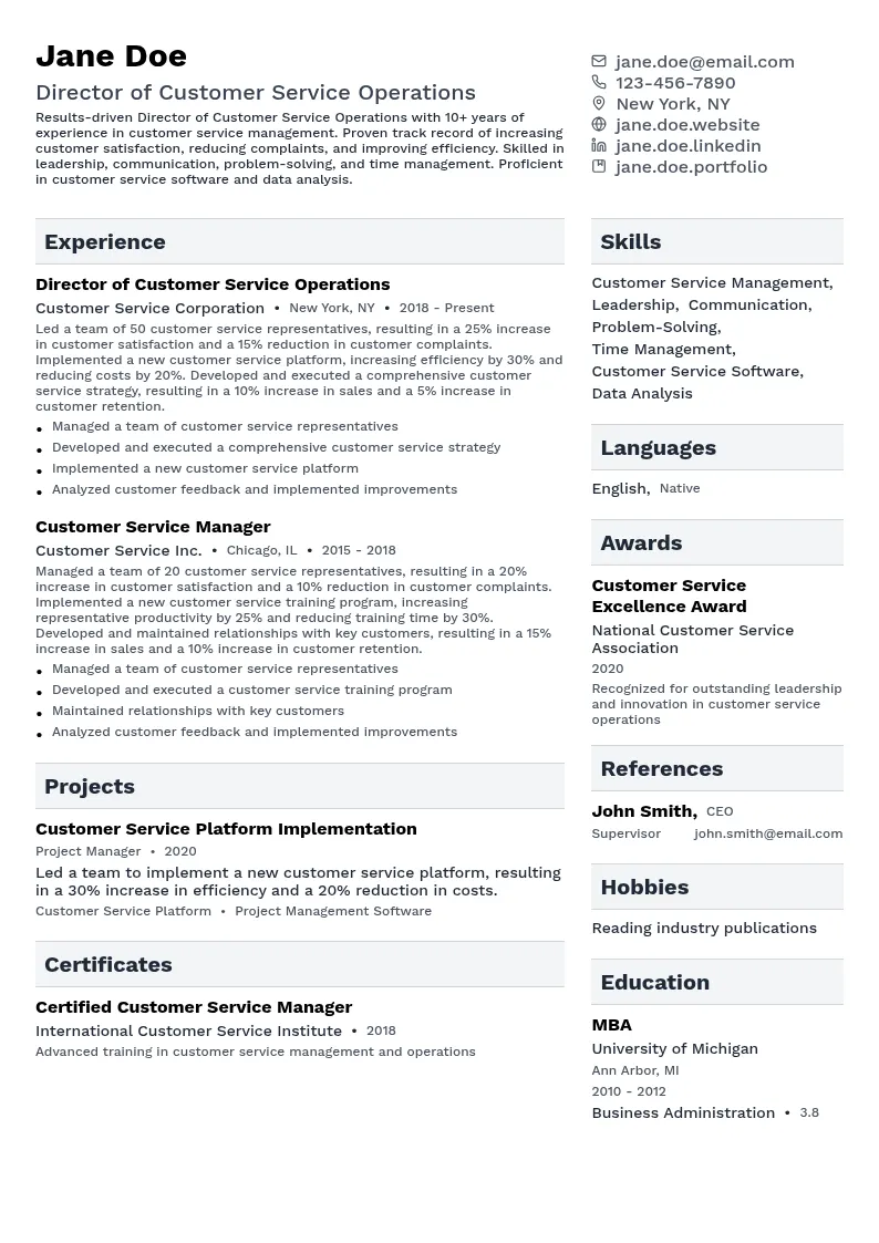 Director of Customer Service Operations resume example