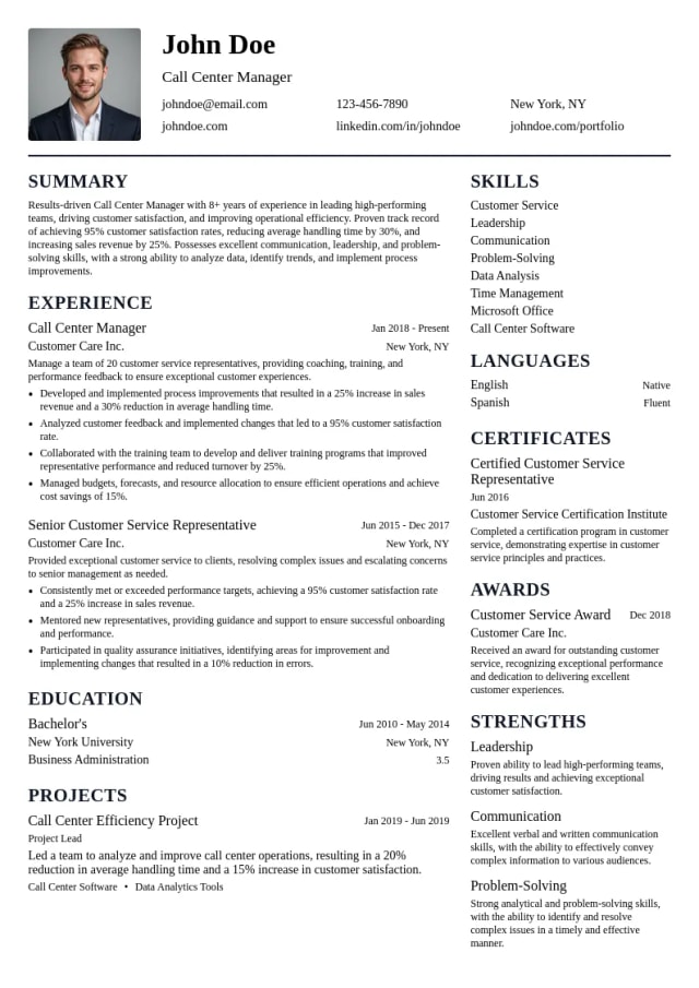 Call Center Manager resume example