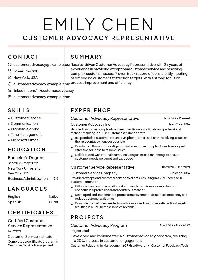 Customer Advocacy Representative resume example