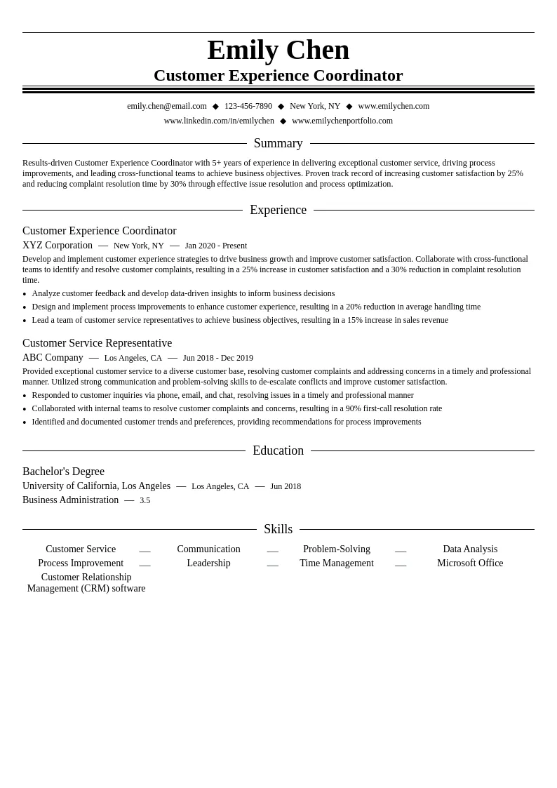 Customer Experience Coordinator resume example