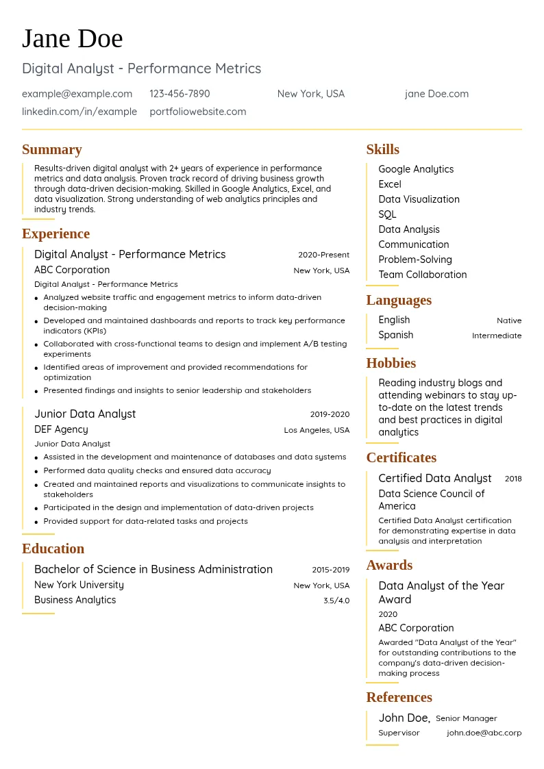 Digital Analyst - Performance Metrics resume example
