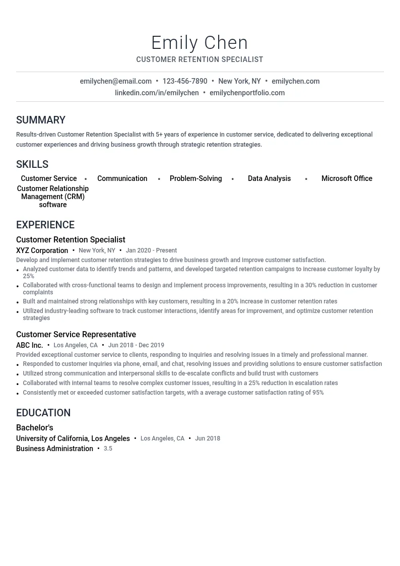 Customer Retention Specialist resume example