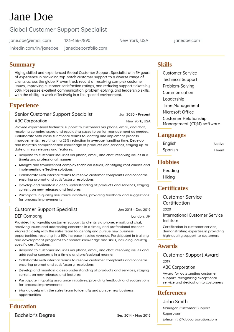 Global Customer Support Specialist resume example