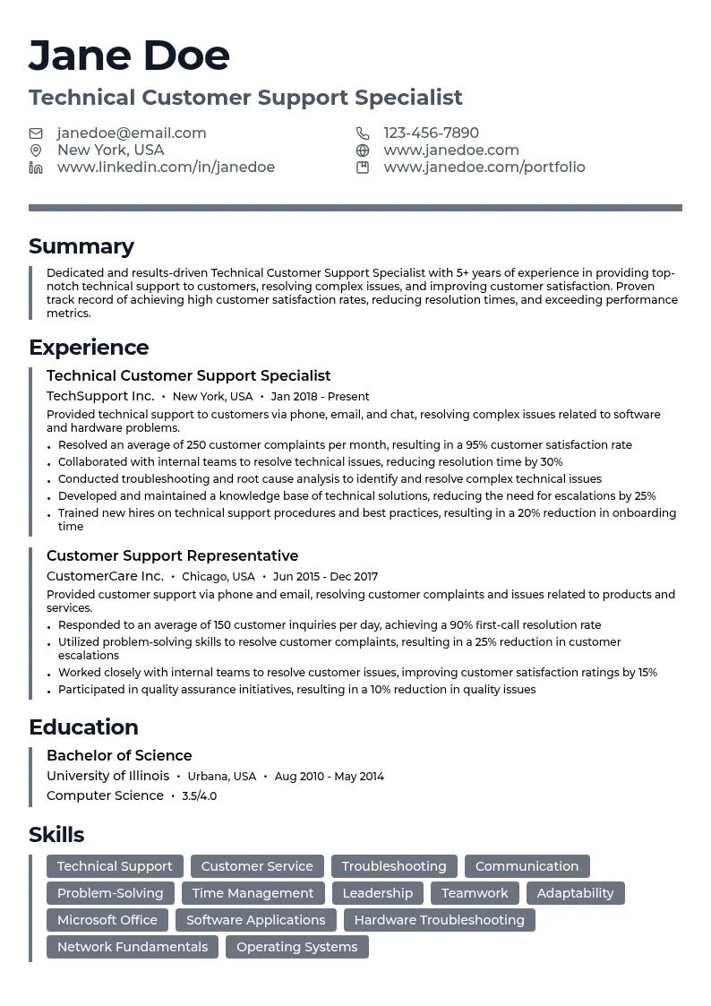 Technical Customer Support Specialist resume example