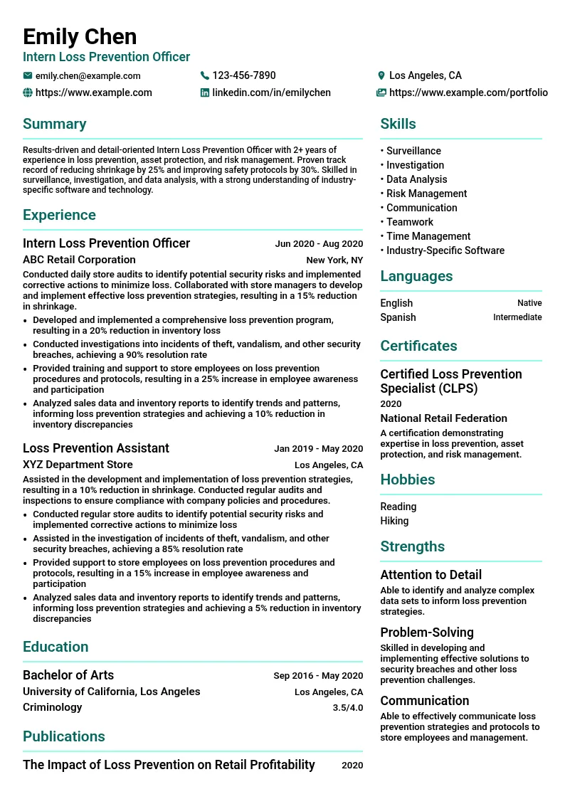 Intern Loss Prevention Officer resume example