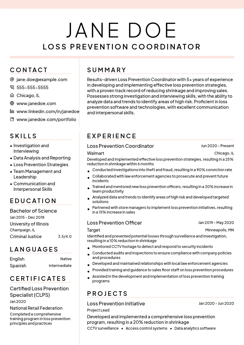 Loss Prevention Coordinator resume example
