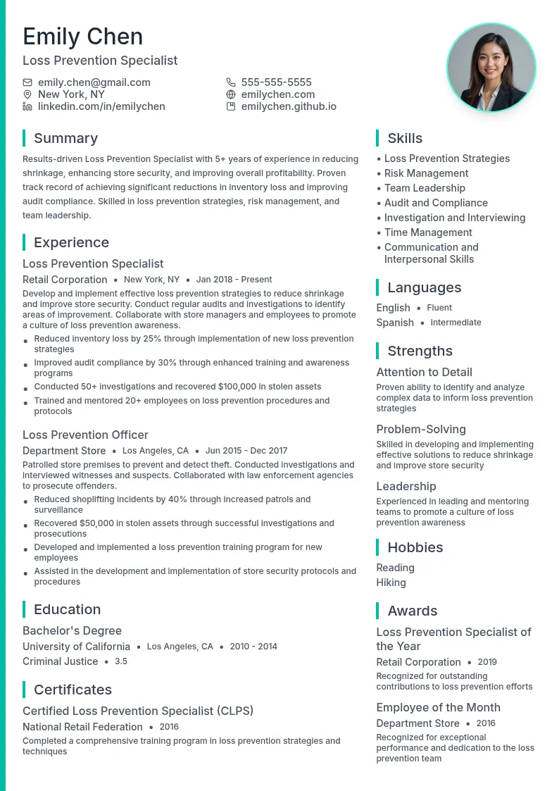 Loss Prevention Specialist resume example