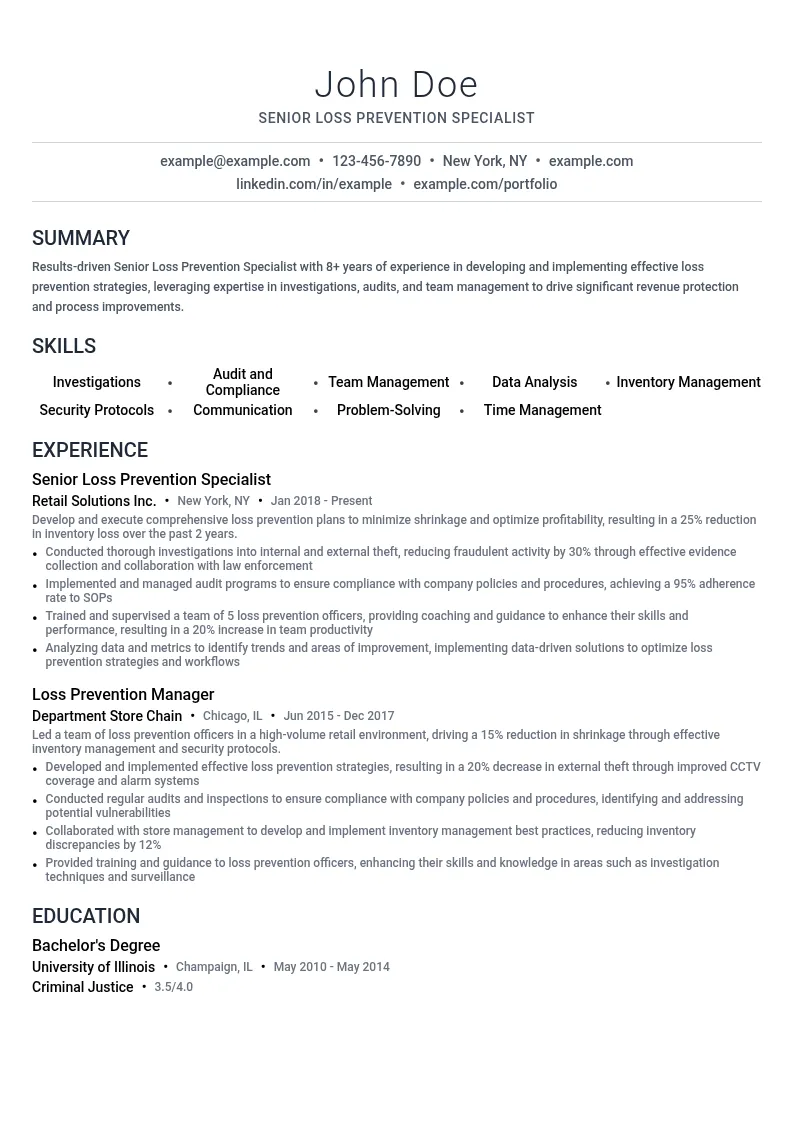 Senior Loss Prevention Specialist resume example