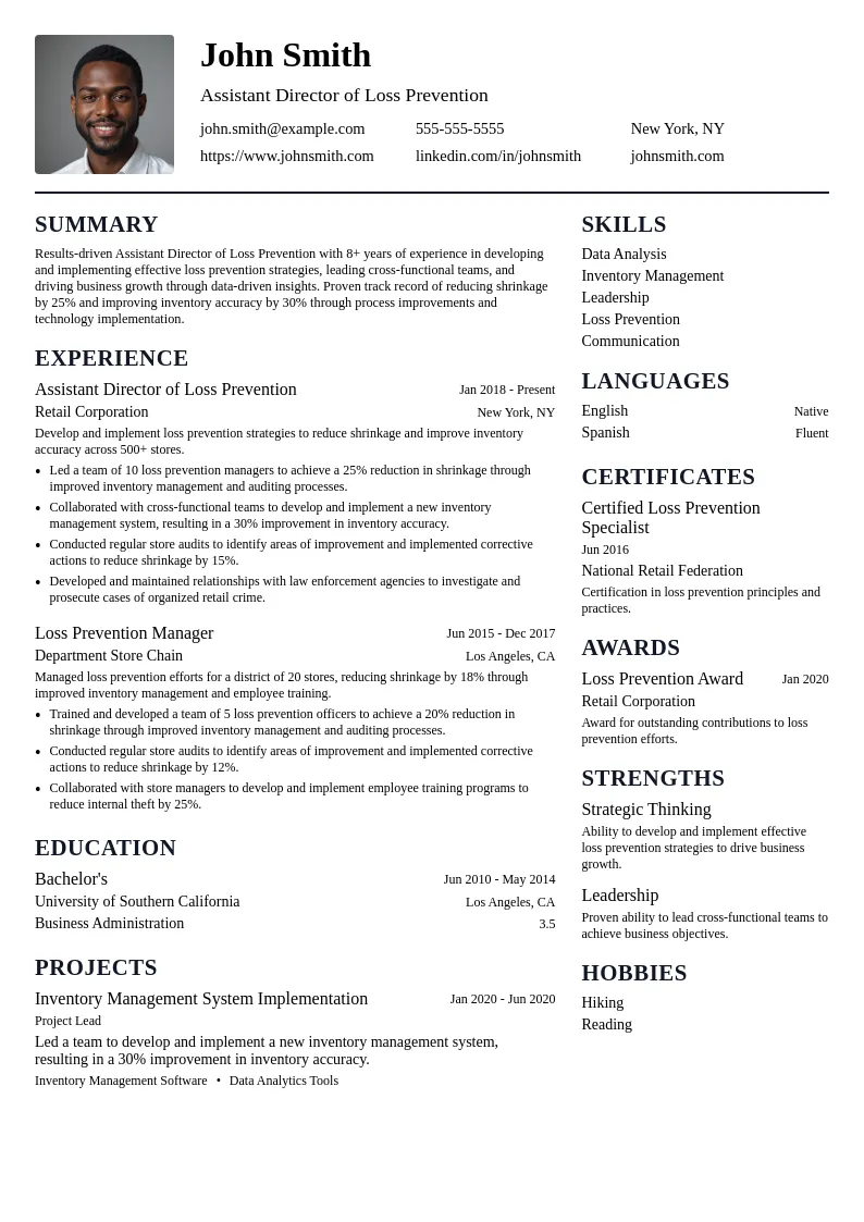Assistant Director of Loss Prevention resume example