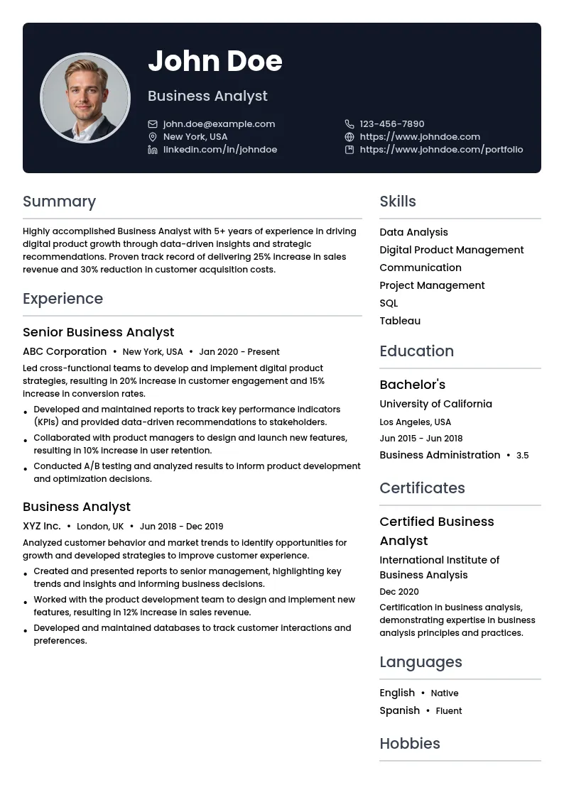 Business Analyst - Digital Product resume example