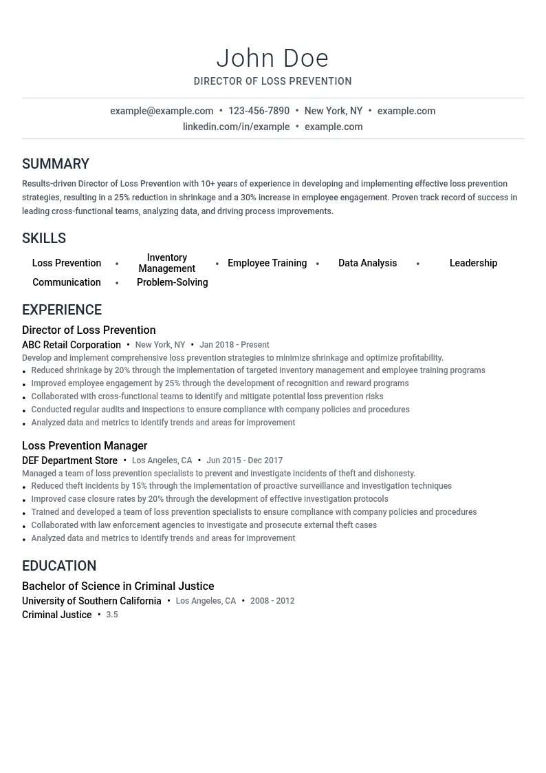 Director of Loss Prevention resume example