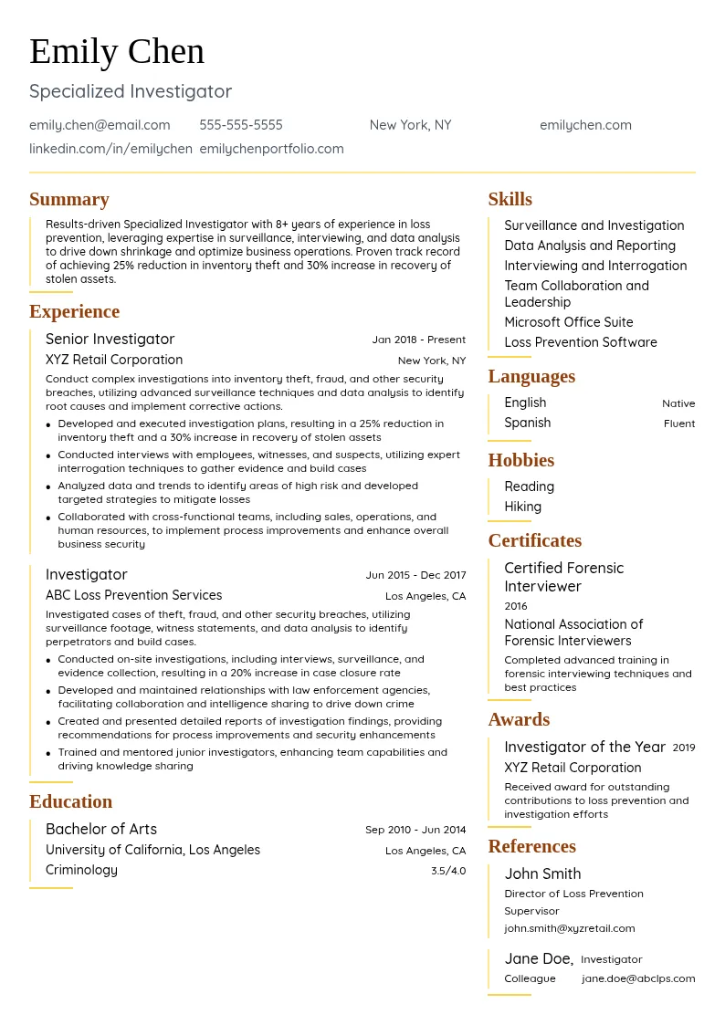 Specialized Investigator resume example
