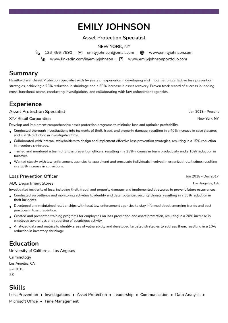 Asset Protection Specialist resume example