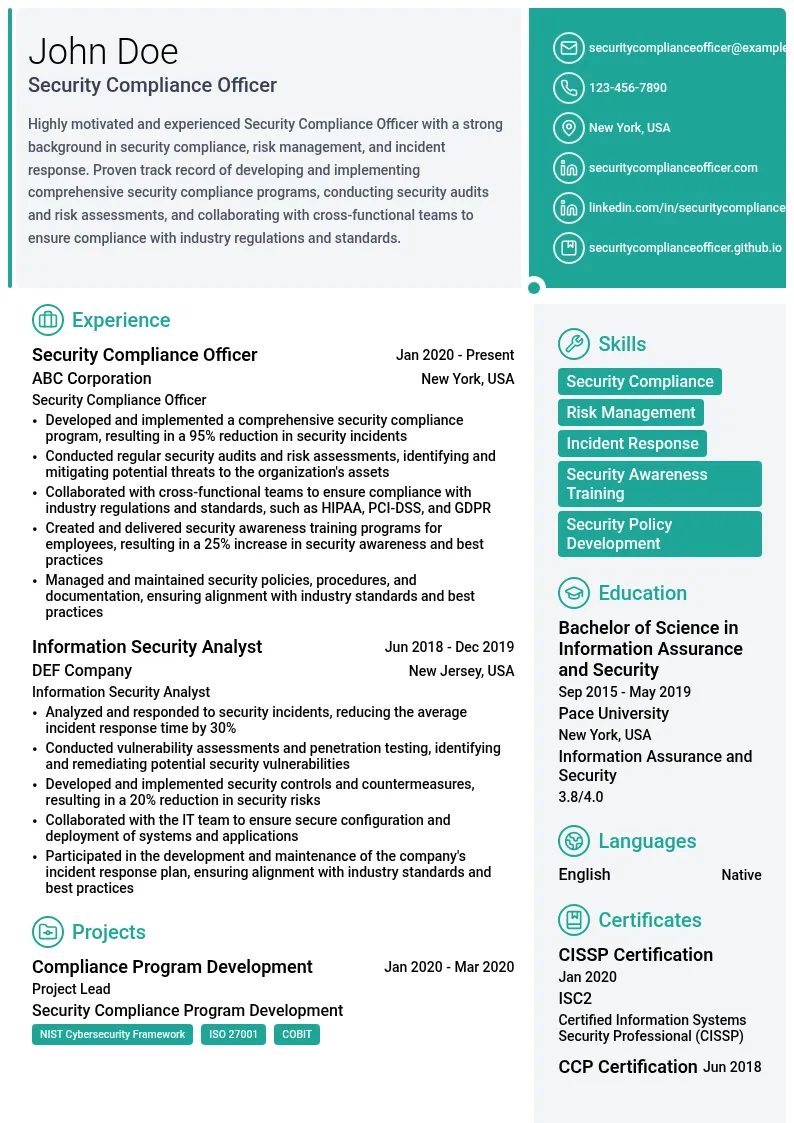 Security Compliance Officer resume example