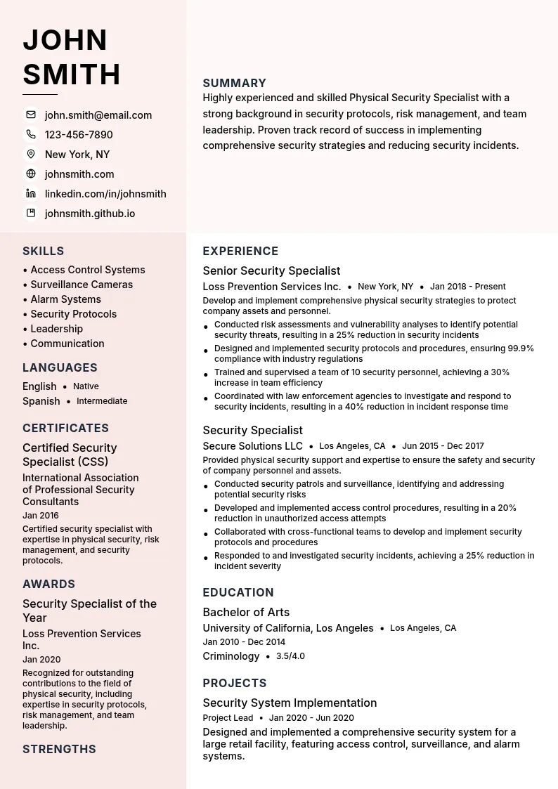 Physical Security Specialist resume example