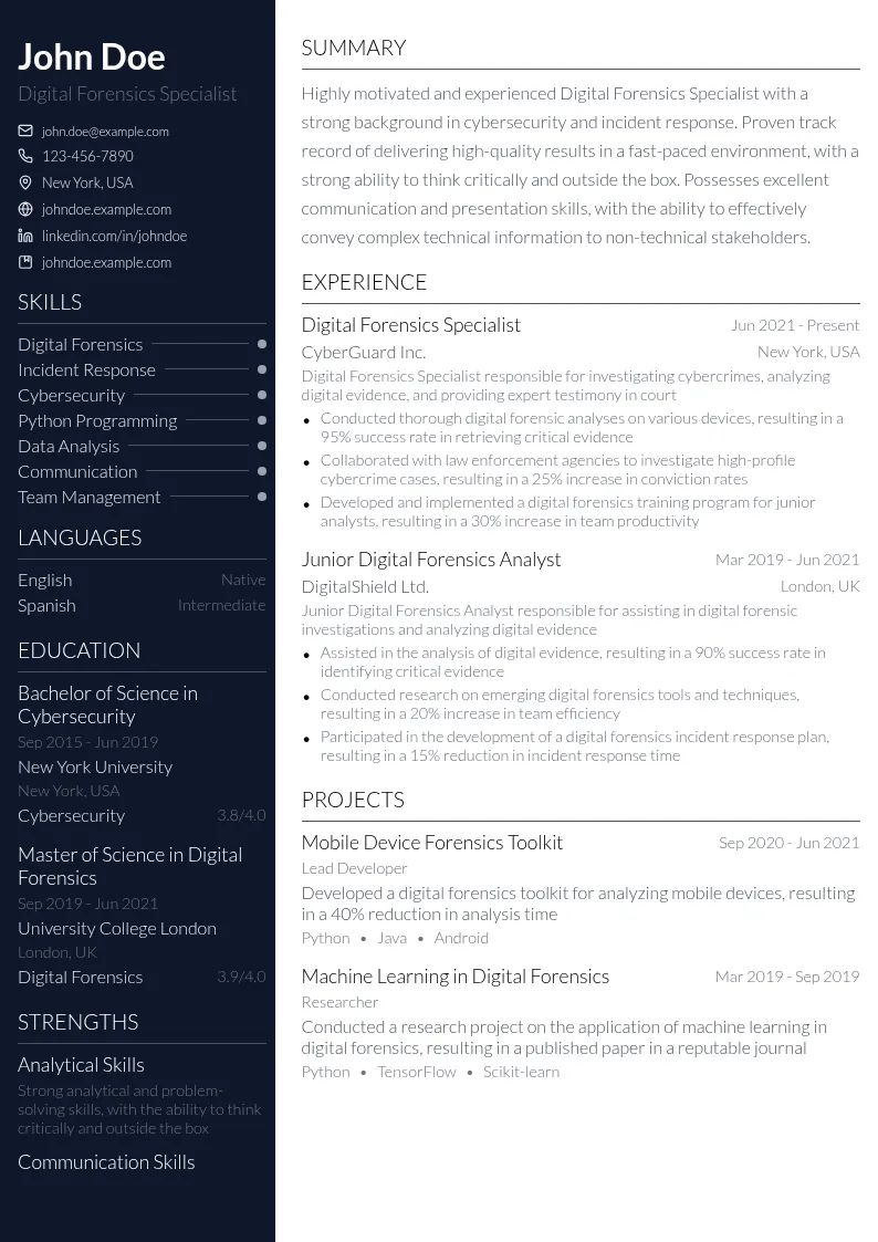 Digital Forensics Specialist resume example