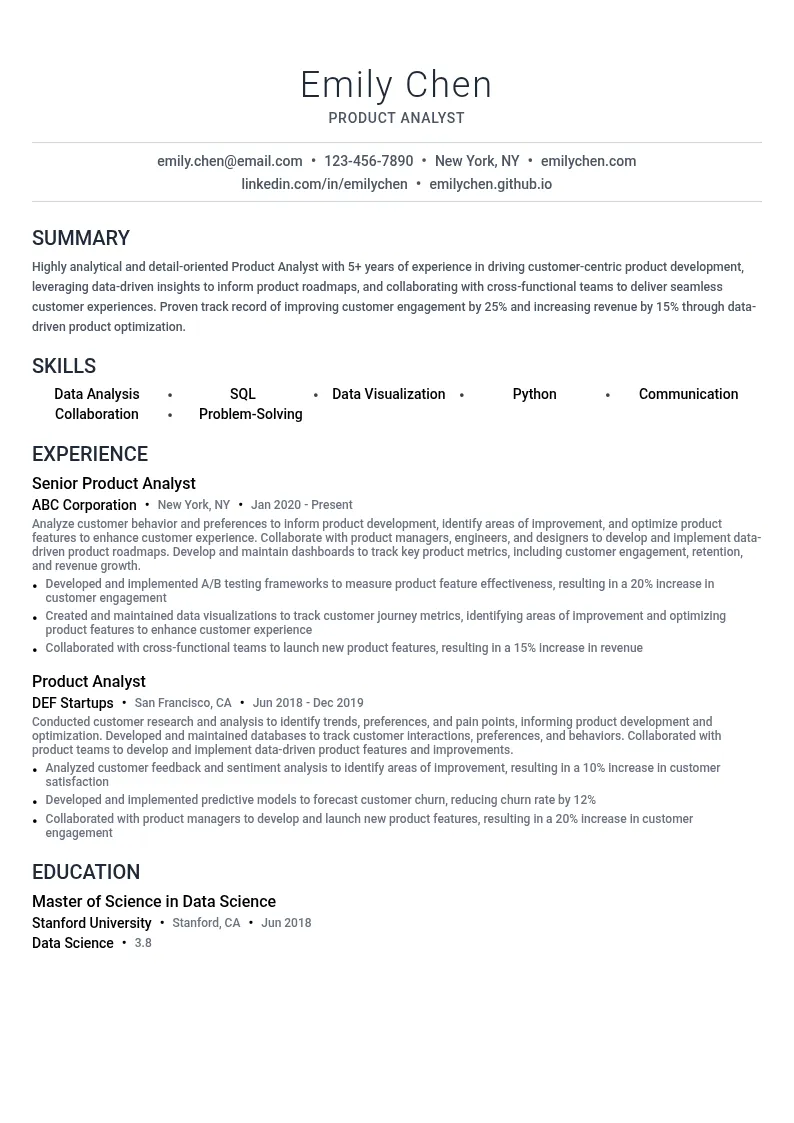 Product Analyst - Customer Journey resume example