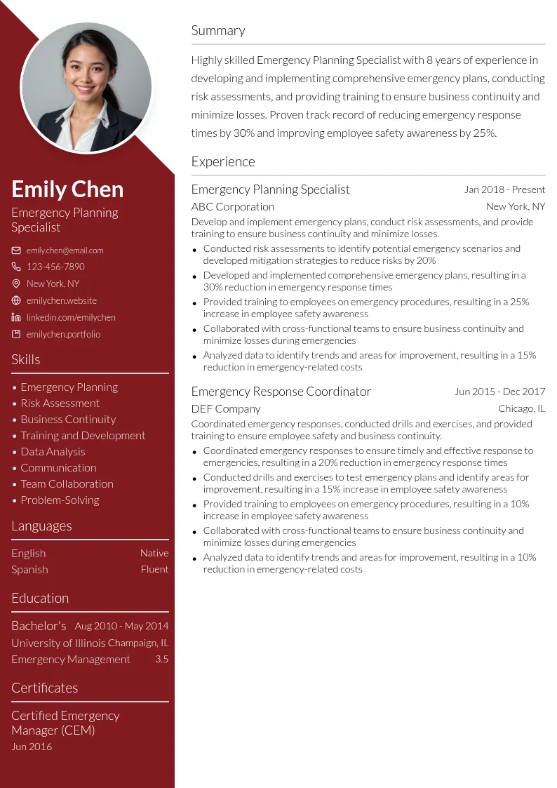 Emergency Planning Specialist resume example