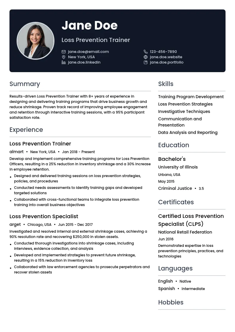 Loss Prevention Trainer resume example
