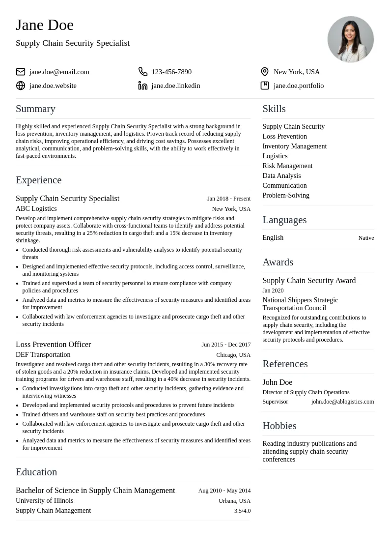 Supply Chain Security Specialist resume example
