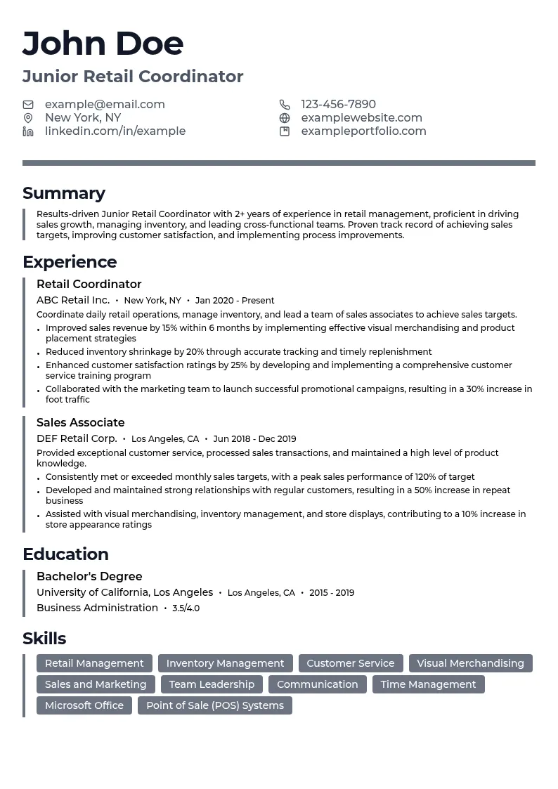 Junior Retail Coordinator resume example