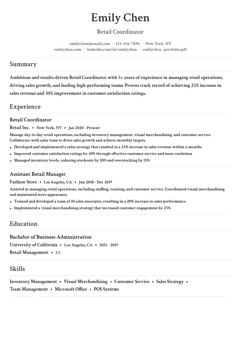 Retail Coordinator resume example